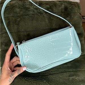 Elegant Baby Blue Croc-Embossed Shoulder Bag